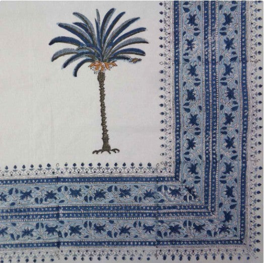 Blue Palm Hand Block Printed Cotton Tablecloth Anise Home