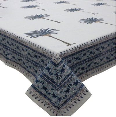 Blue Palm Hand Block Printed Cotton Tablecloth Anise Home