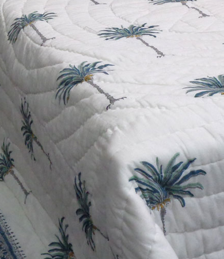 Hand Block Printed Cotton Queen Quilt | Palm Tree Blue Anise Home