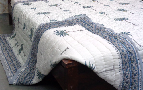 Hand Block Printed Cotton Queen Quilt | Palm Tree Blue Anise Home