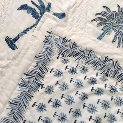 Helly Blue Palm Handmade Block Print Blanket Anise Home