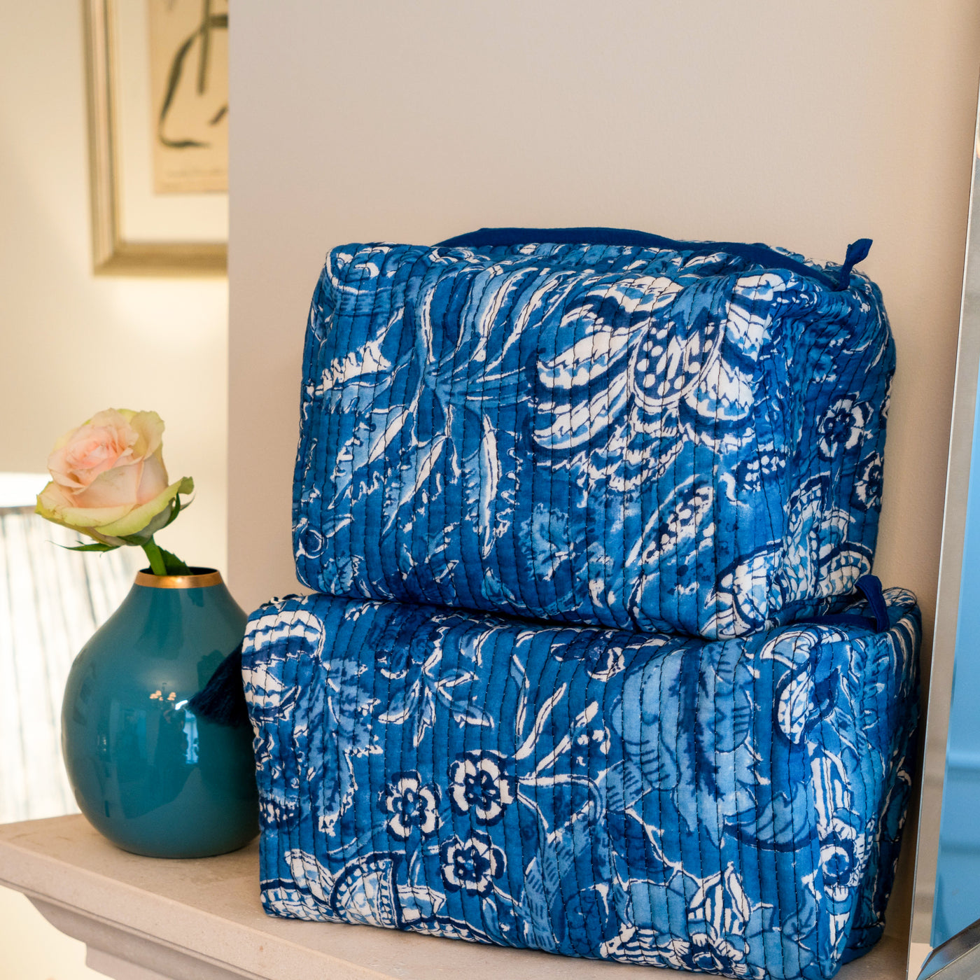 Amy Blue Quilted Cosmetic Bag - Set of 2 Anise Home