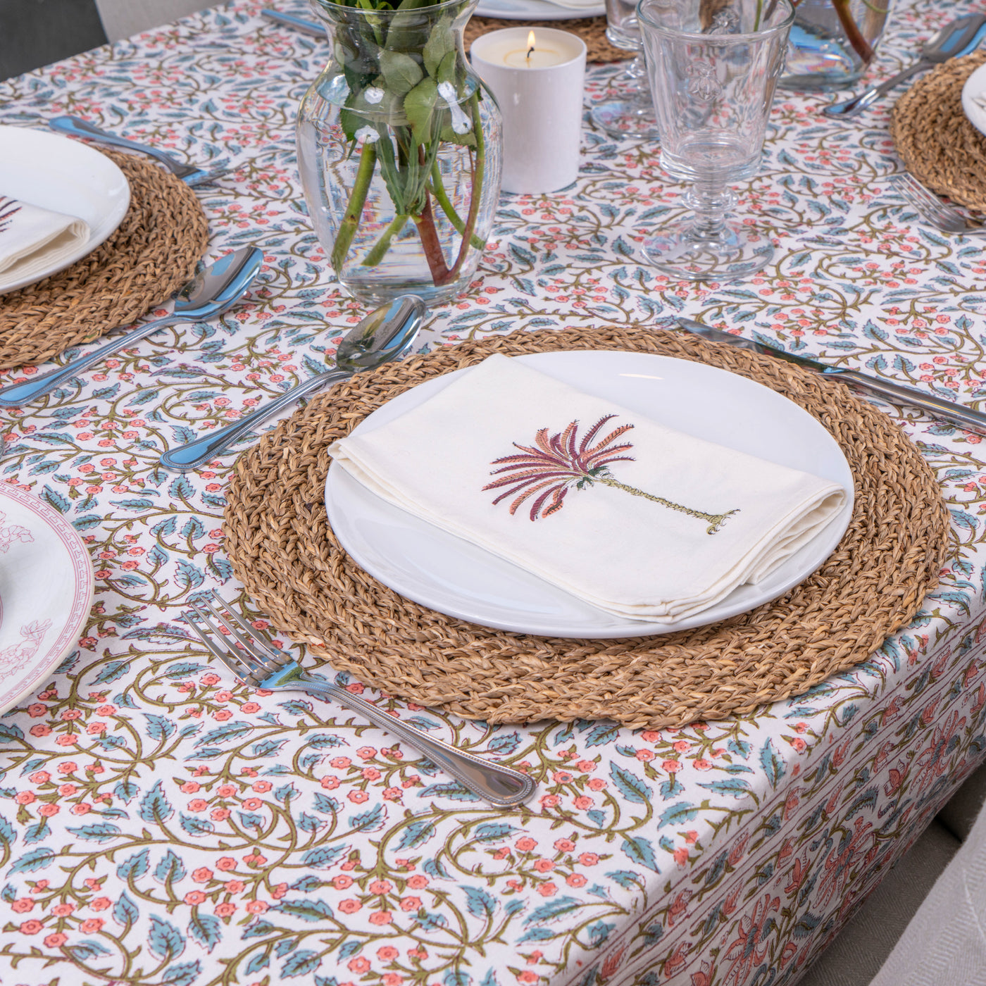 Daisy Green and Coral Tablecloth Anise Home