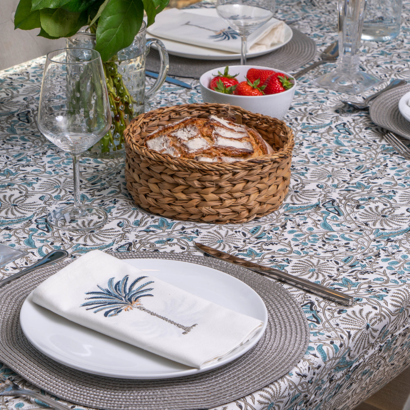 Harper Blue and Beige Tablecloth Anise Home