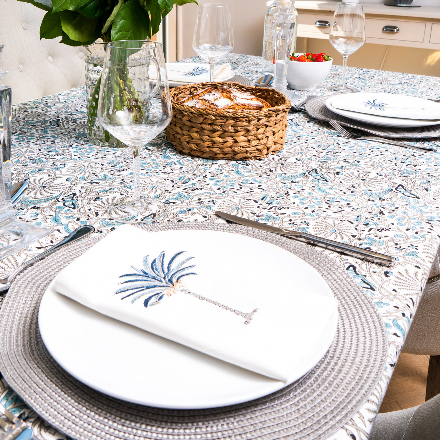 Harper Blue and Beige Tablecloth Anise Home